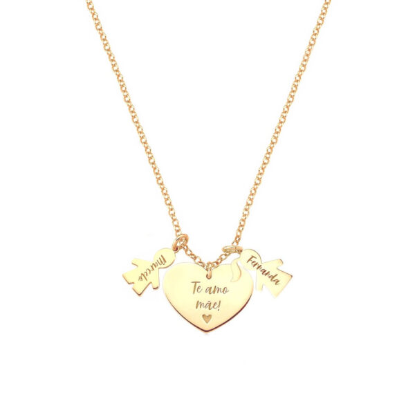 Colar Coração 2 filhos(as) Prata c/ Banho Ouro 18k