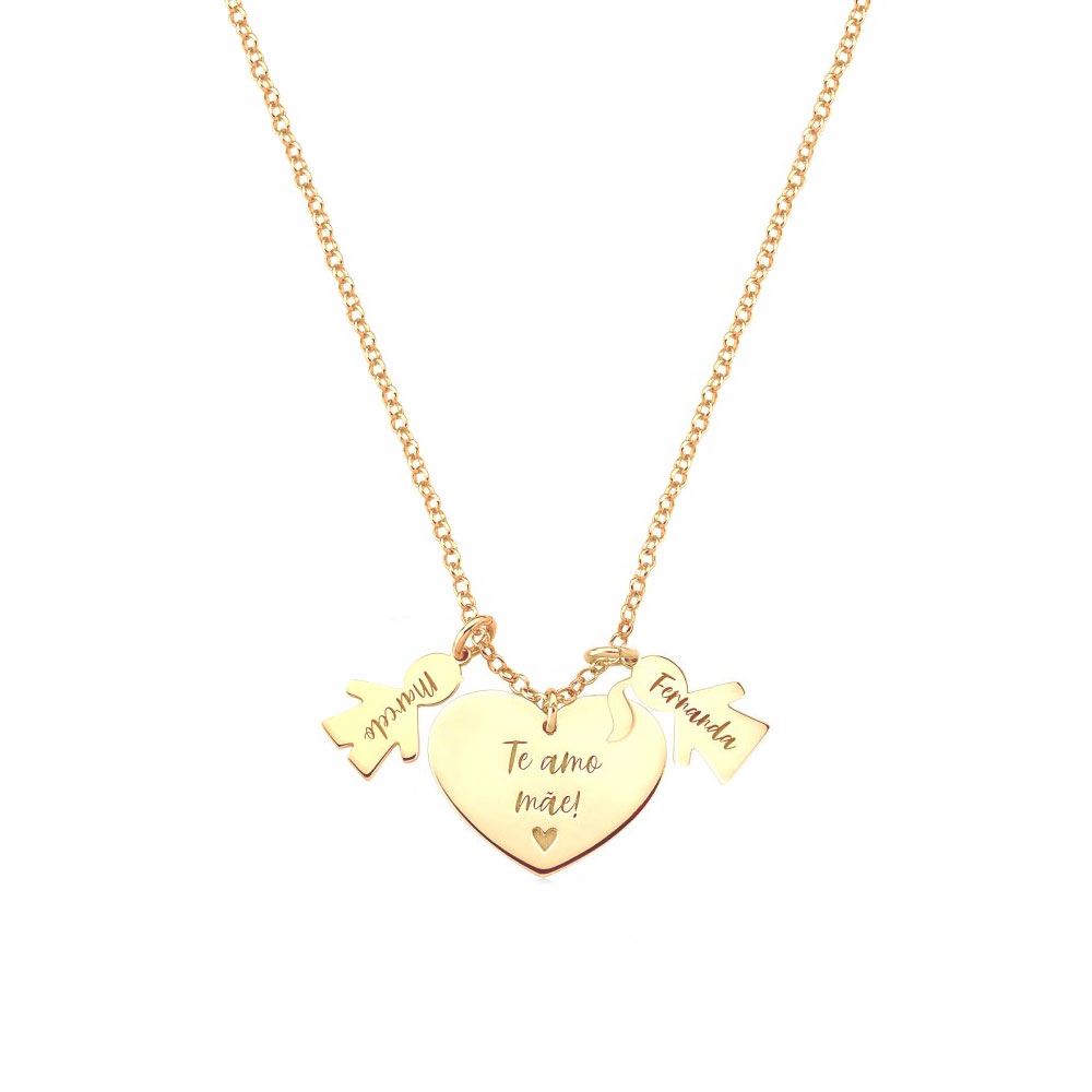 Colar Coração 2 filhos(as) Prata c/ Banho Ouro 18k